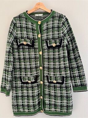 Mango Green Plaid Tweed Cardigan Blazer with Gold Buttons